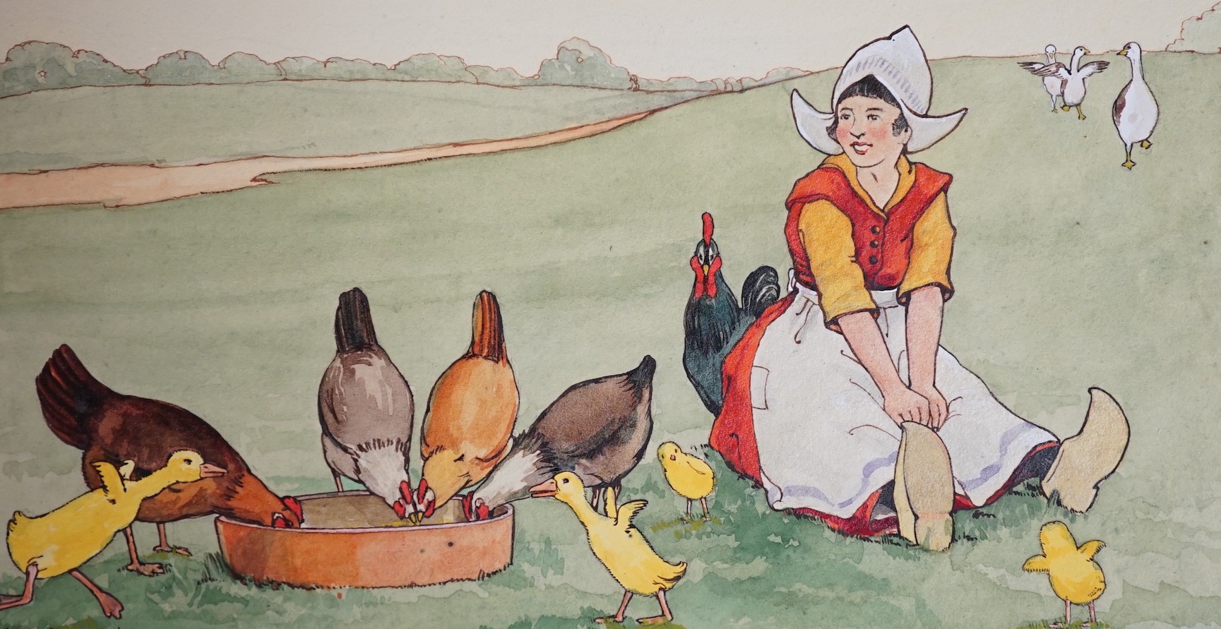 George Cufflin, six watercolours, original postcard designs of Dutch children, signed, 19 x 25cm, unframed